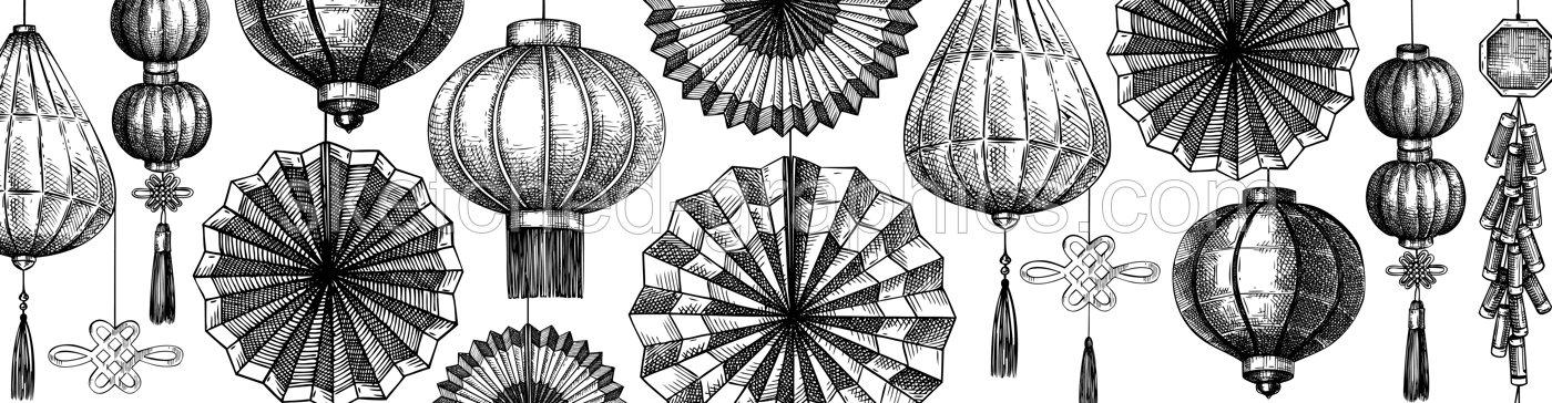 Chinese lantern and folding fan sketch. Lunar New Year decoration. China style website banner vector template. NOT AI generated image Illustration